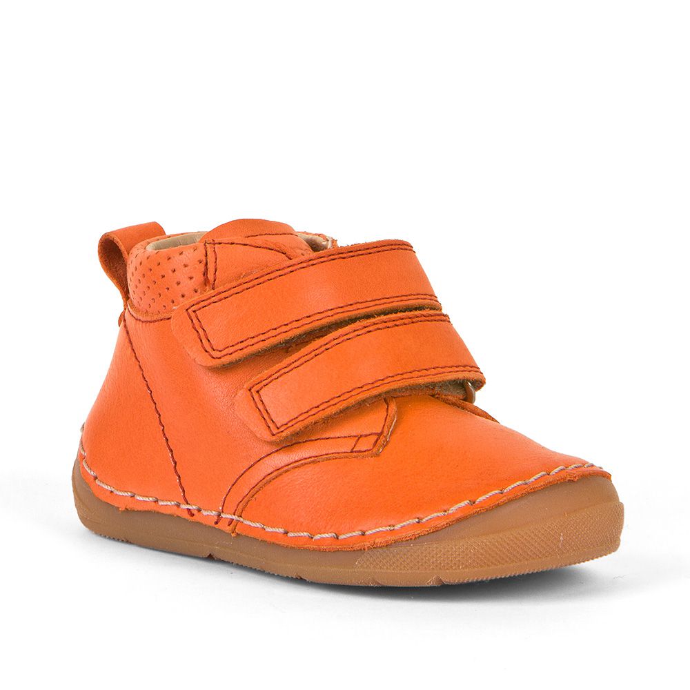 A boys ankle boot by Froddo,style Paix Velcro, in orange leather with double velcro fastening. Angled view.