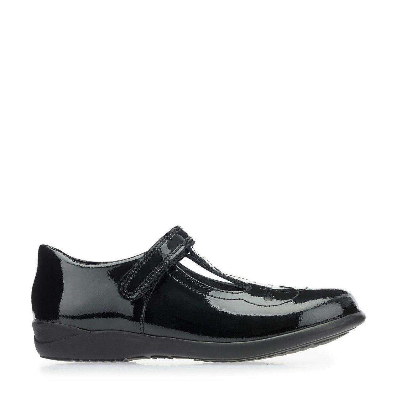 A girls school shoe by Start Rite, style Poppy, in black patent with velcro fastening. Inner side view.
