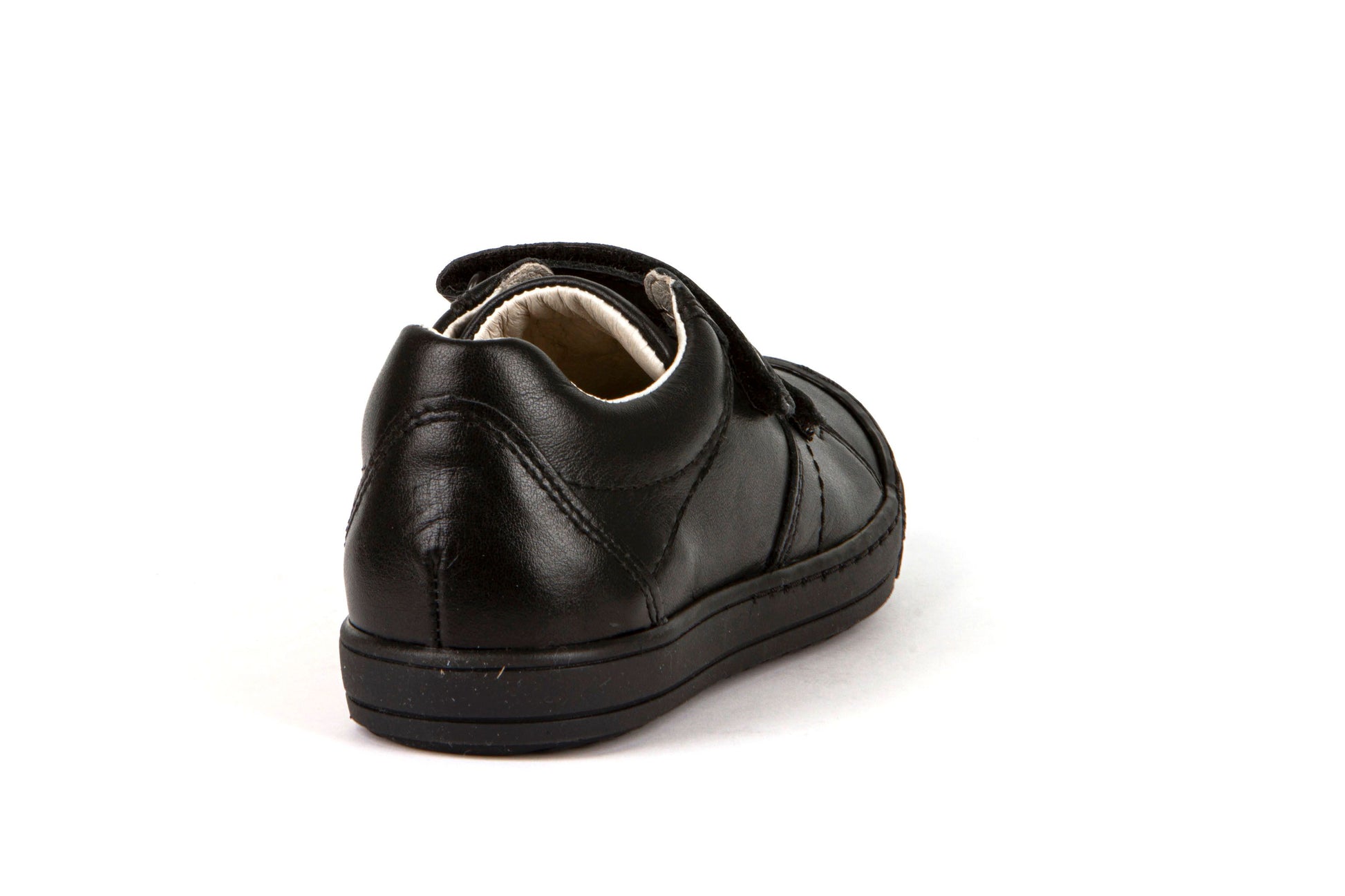 A boys school shoe by Froddo, style Luka, in black with double velcro fastening. Back view.