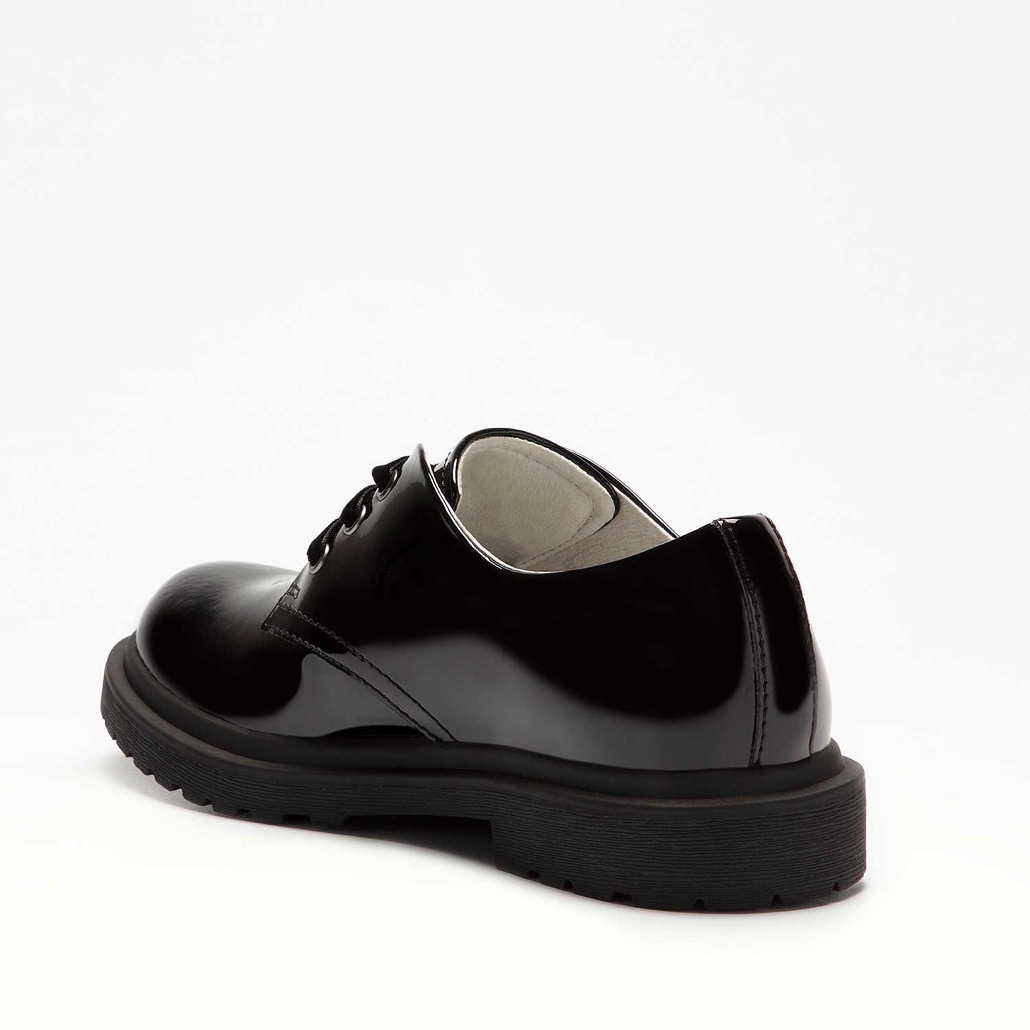 A girls school shoe by Lelli Kelly, style Elaine, in black patent with lace fastening. inner side view.