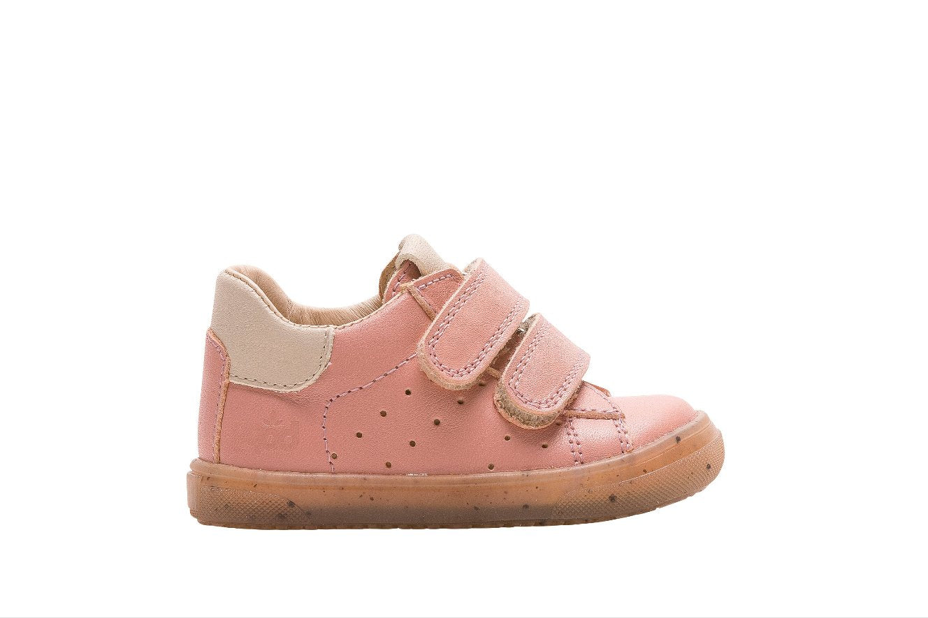 A girls casual trainer by Bopy, style Ramdeco, in pink with double velcro fastening. Left side view.
