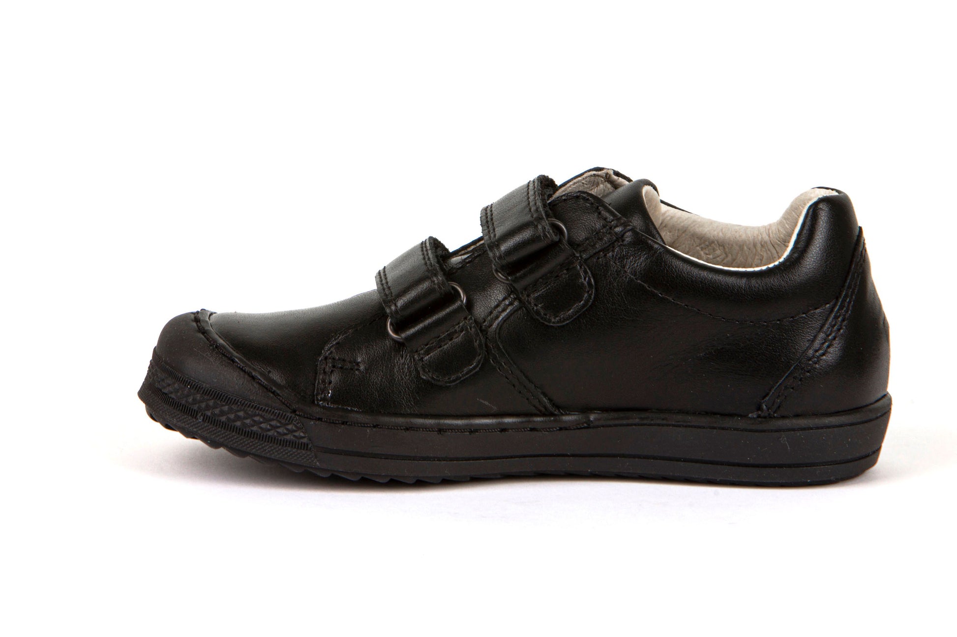 A boys school shoe by Froddo, style Luka, in black with double velcro fastening. Inner side view.