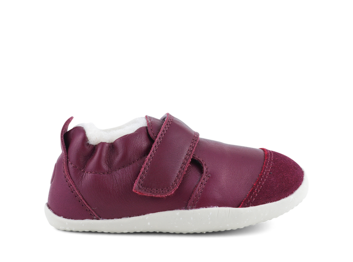 A girls fur lined pre walker by Bobux, style XP Marvel Arctic, in berry suede/leather wth velcro fastening. Right side view.