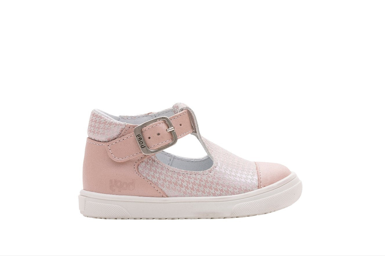 A girls T-Bar shoe by Bopy, style Ripoule, in Pink with buckle fastening. Left side view.