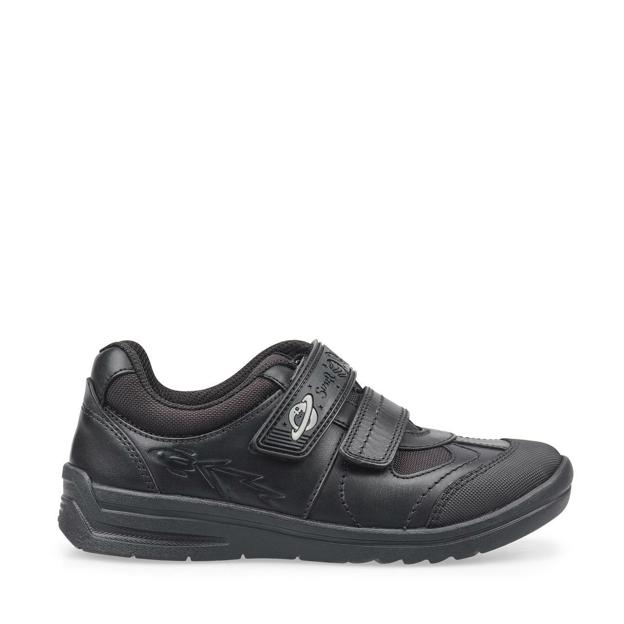 A boys school shoe by Start Rite,style Rocket, in black leather with double velcro fastening. Right side view.