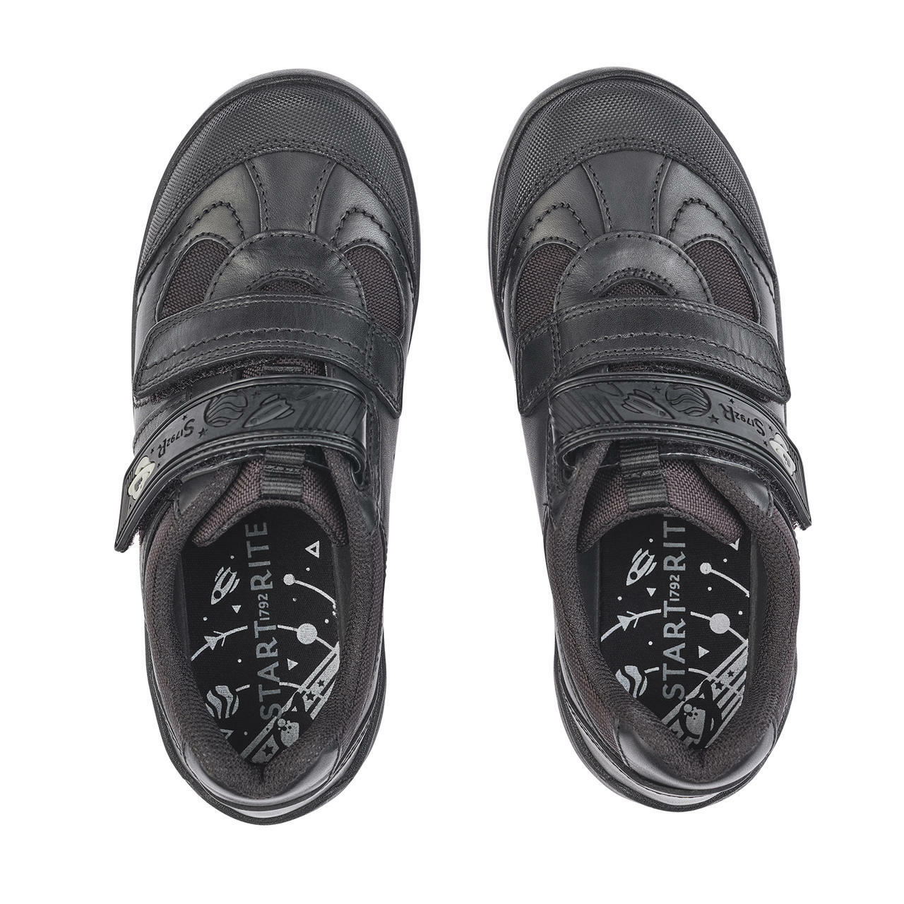 A pair of boys school shoes by Start Rite,style Rocket, in black leather with double velcro fastening. Top view.