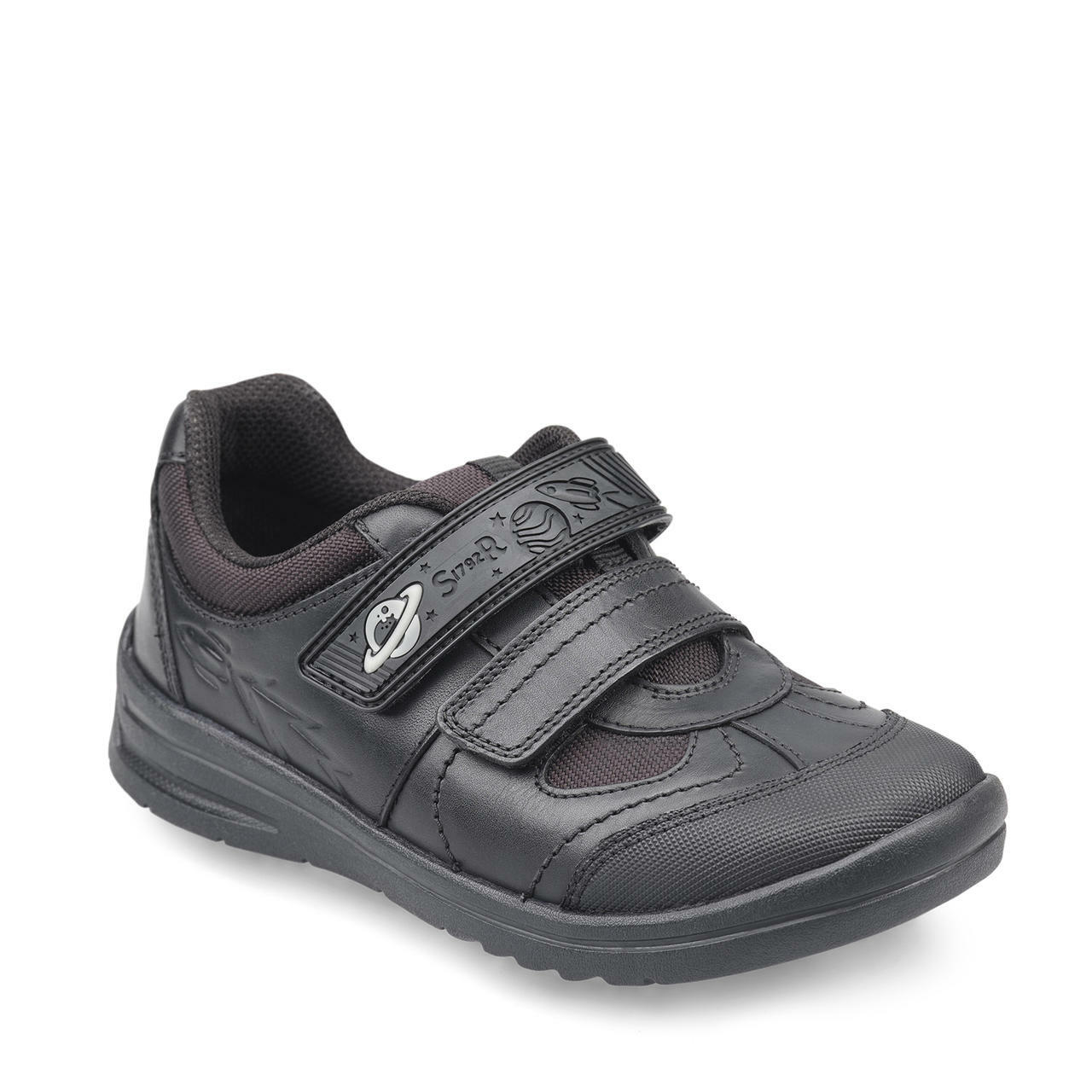 A boys school shoe by Start Rite,style Rocket, in black leather with double velcro fastening. Angled  view.