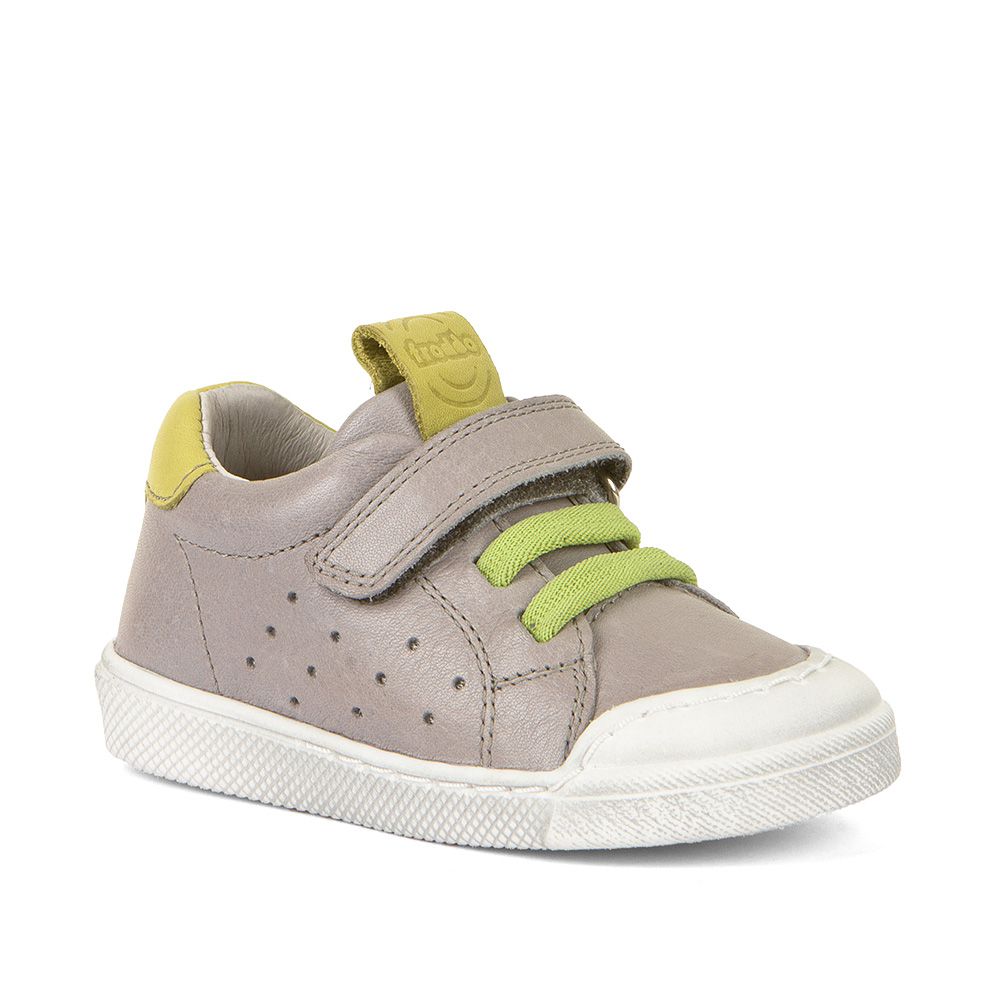 A  boys casual shoe by Froddo, style Rosario Sport, in grey leather with velcro fastening. Right side view.