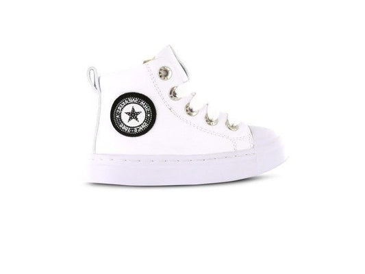 A unisex white hi top by Shoesme, style SH21008-F, in white leather with toe bumper and lace/zip fastening. Right side view.
