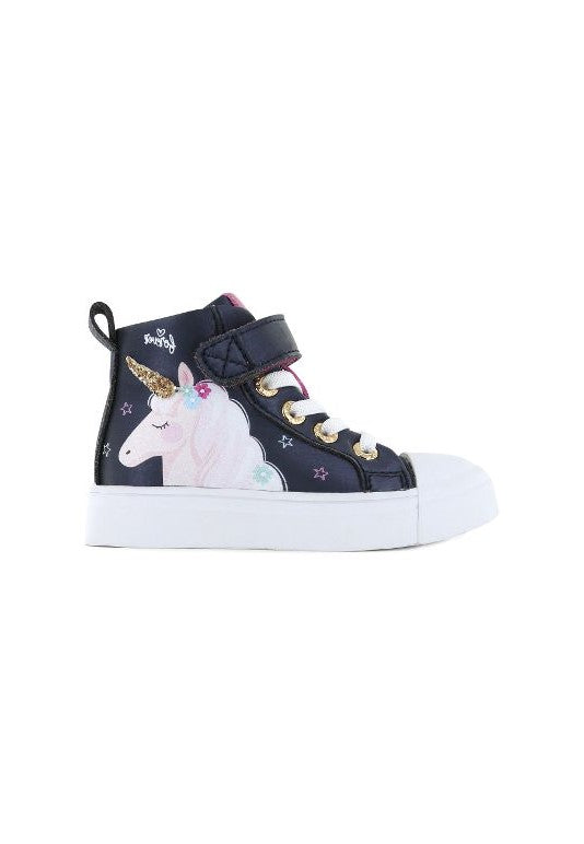 A girls hi top boot by Shoesme,style SH23S008-C in Navy with unicorn detail and lace/velcro fastening. Right side view.