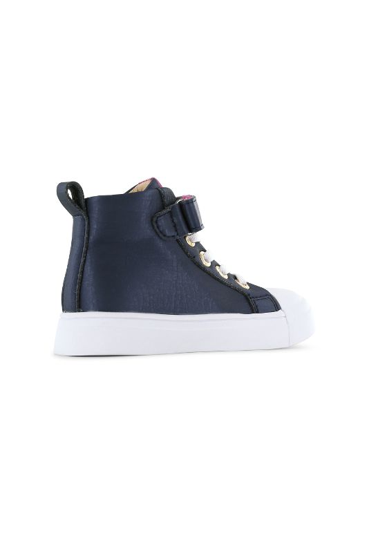 A girls hi top boot by Shoesme,style SH23S008-C in Navy with unicorn detail and lace/velcro fastening. Angled view.