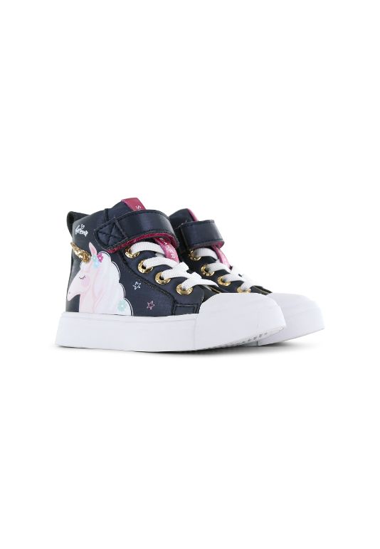 A pair of girls hi top boot by Shoesme,style SH23S008-C in Navy with unicorn detail and lace/velcro fastening. Angled view.