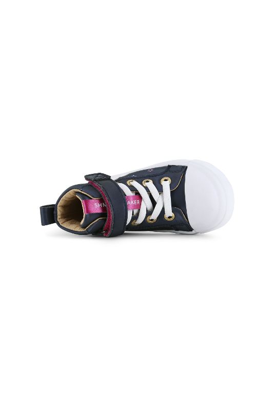 A girls hi top boot by Shoesme,style SH23S008-C in Navy with unicorn detail and lace/velcro fastening. Above view.