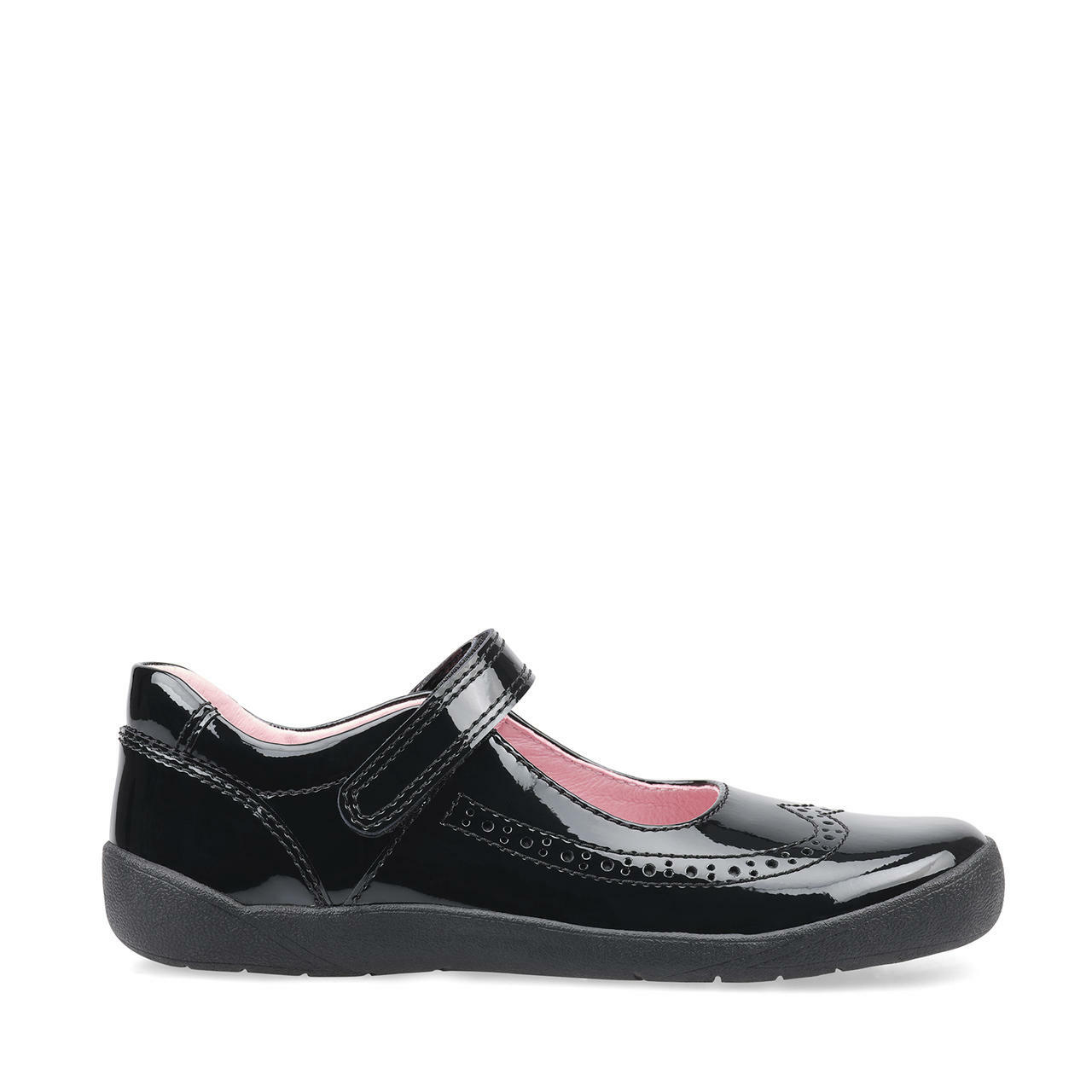 A girls Mary Jane school shoe by Start Rite, style Spirit, in black patent with velcro fastening. Right side view.