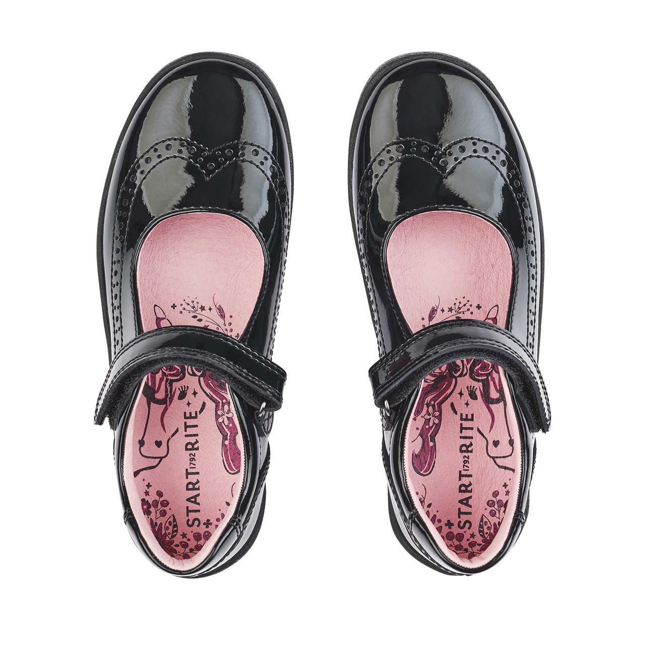 A pair of girls Mary Jane school shoes by Start Rite, style Spirit, in black patent with velcro fastening. Above view.