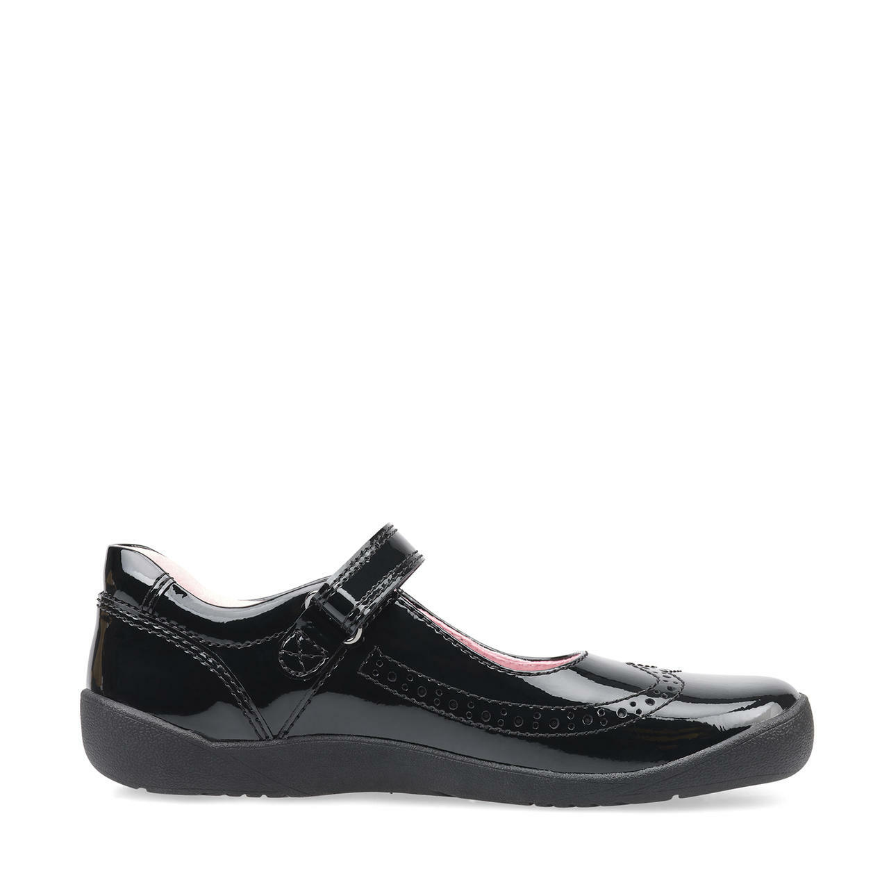 A girls Mary Jane school shoe by Start Rite, style Spirit, in black patent with velcro fastening. Inner side view.