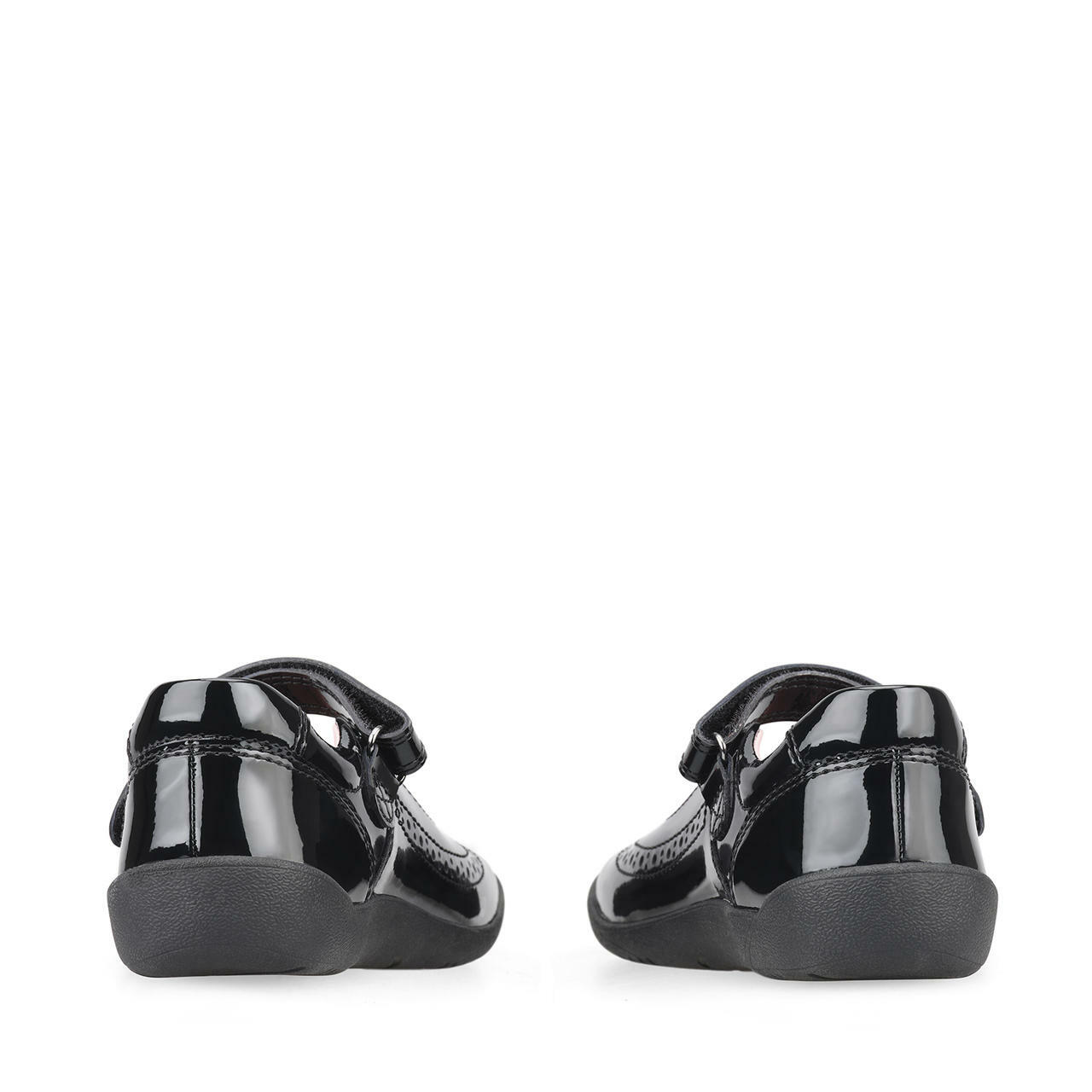 A pair of girls Mary Jane school shoes by Start Rite, style Spirit, in black patent with velcro fastening. Back view.