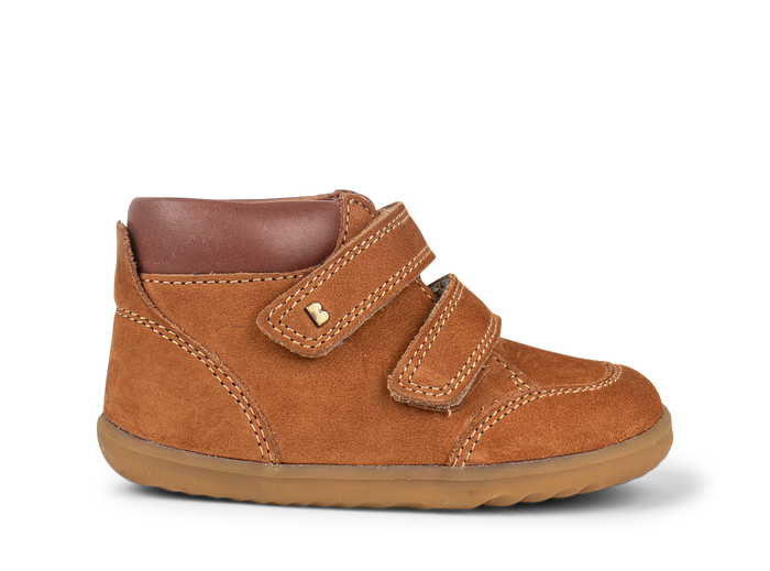 A boys ankle boot by Bobux,style Timber, in Tan nubuck and brown leather with double velcro fastening. Right side view.