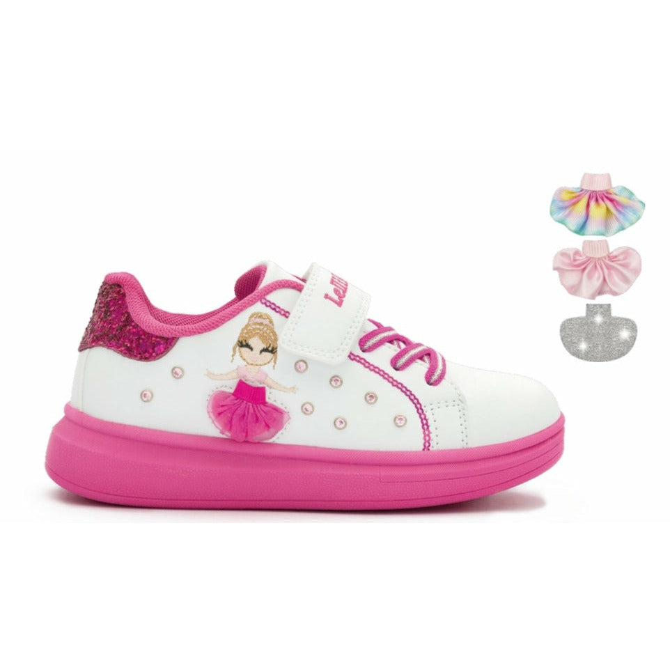 A pair of girls casual trainers by Lelli Kelly, style Mille Stelle, in white and pink with velcro fastening. Right side view.