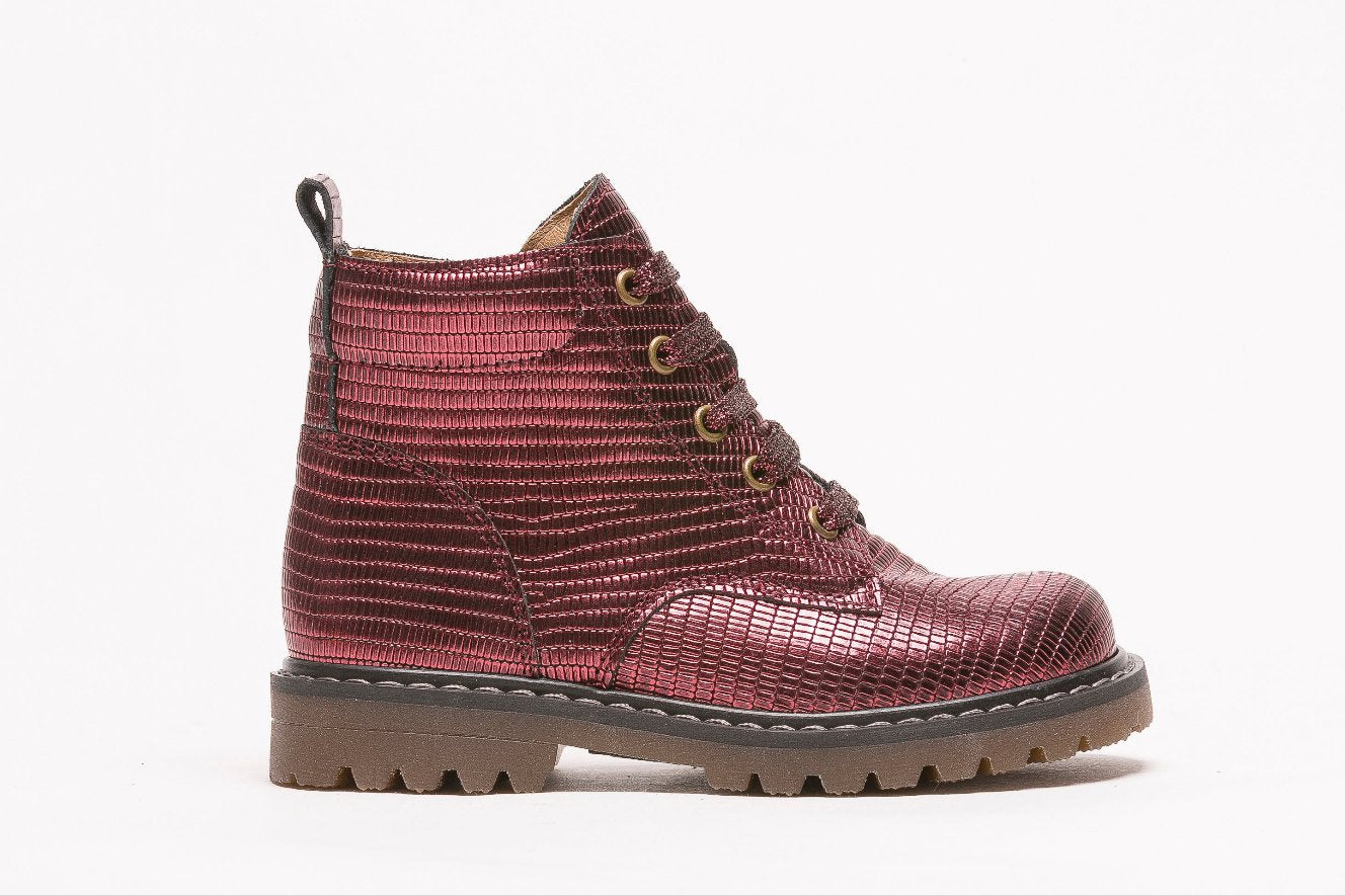 A girls chunky ankle boot by Bopy, style Shiva, in burgundy croc leather with lace and zip fastening. Right side view.