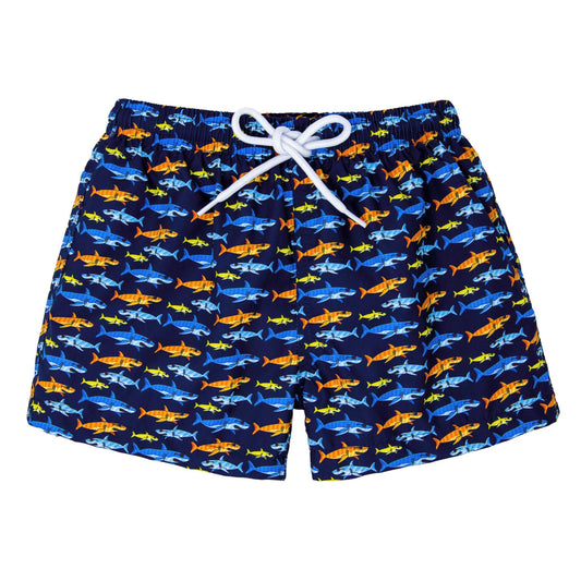 A pair of boys swim shorts by Slipfree, style Shiver, in navy multi. Front view.