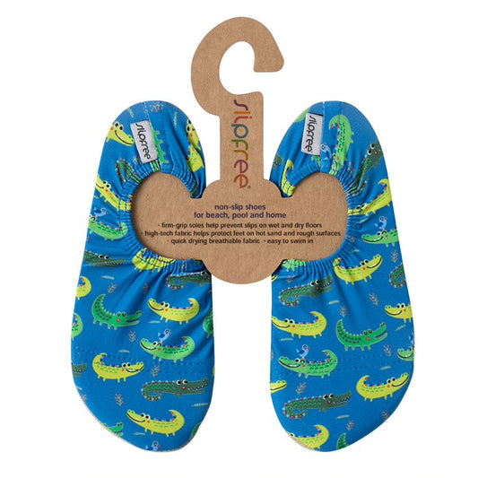A pair of boys swim shoes by Slipfree, style Alligator ,in blue and green. Front view.