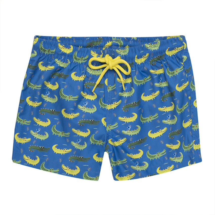A pair of boys shorts by Slipfree, style Alligator, blue and green. Front view.