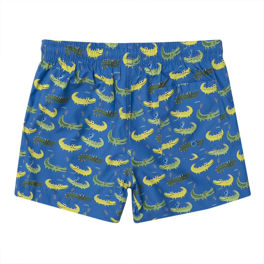 A pair of boys shorts by Slipfree, style Alligator, blue and green. Back view.