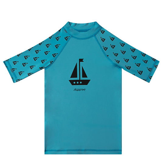 A boys rash vest by Slipfree, style Peter, in blue sailing boat trim. Front view.