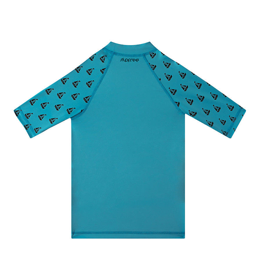 A boys rash vest, style Peter, in teal. Back view.
