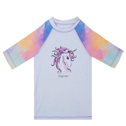 A girls rash vest by Slipfree, style Royal, in white/multi with unicorn. Front view.