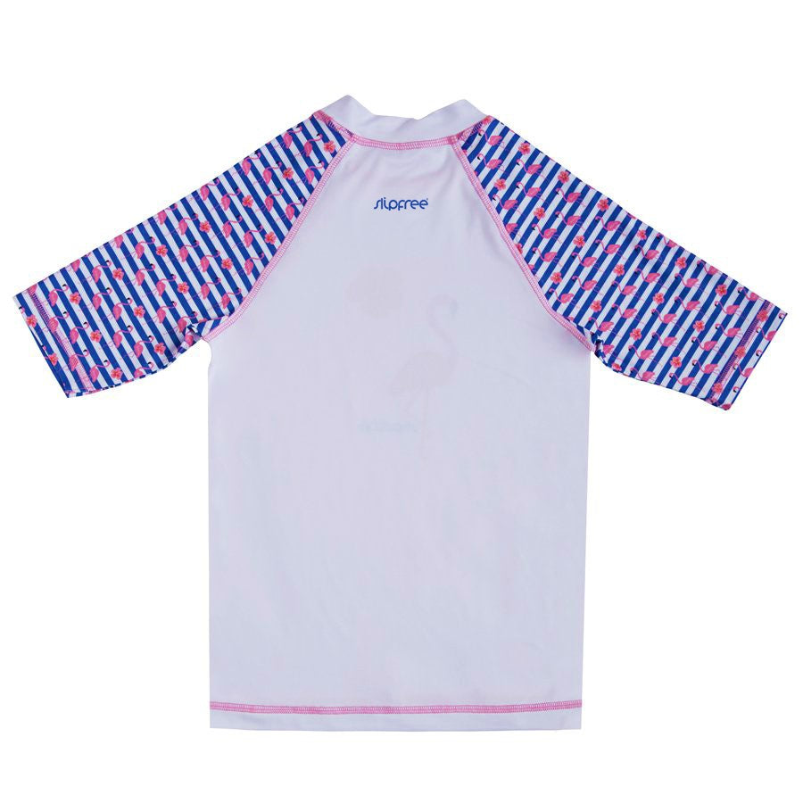 A girls rash vest by Slipfree, style Stripe, in white multi Flamingo. Back view.