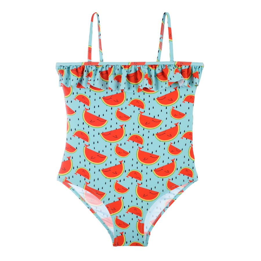 A girls swimsuit by Slipfree, style Watermelon, in light blue and orange. Front view.