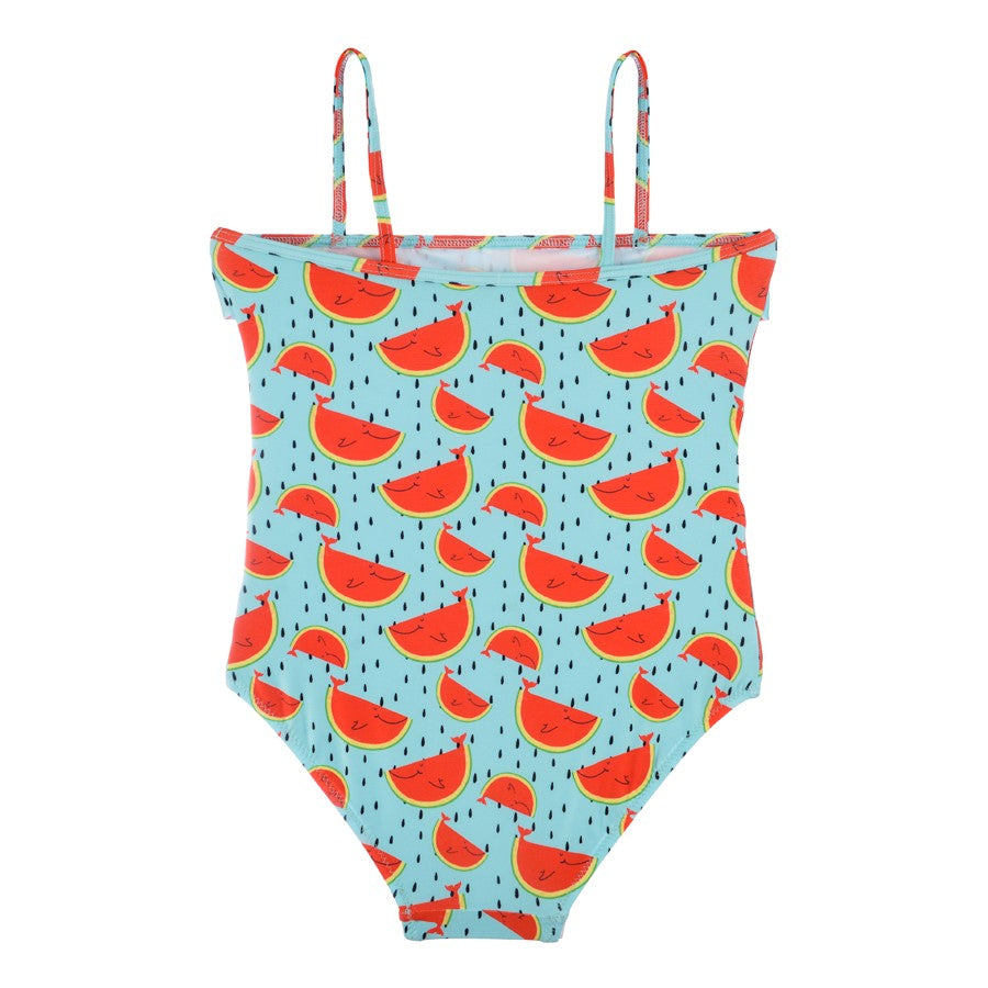 A girls swimsuit by Slipfree, style Watermelon, in light blue and orange. Rear view.