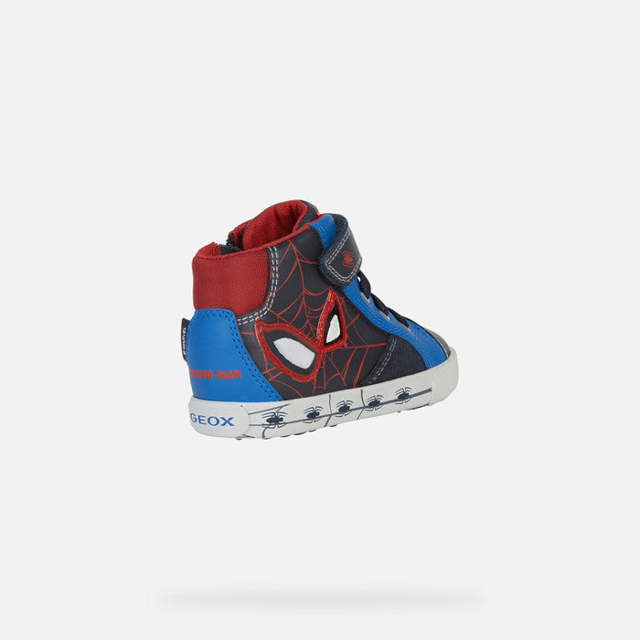 A boys Hi-Top trainer by Geox, style B Kilwi Boy Spiderman, in navy and royal with red Spiderman detail. Back outside view.