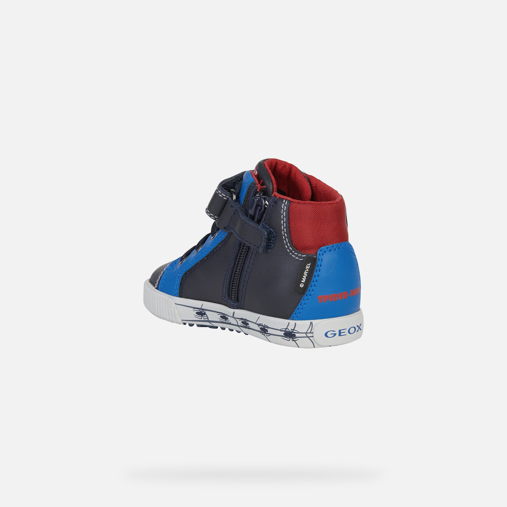 A boys Hi-Top trainer by Geox, style B Kilwi Boy Spiderman, in navy and royal with red cuff, inside zip and velcro fastening. Back view.