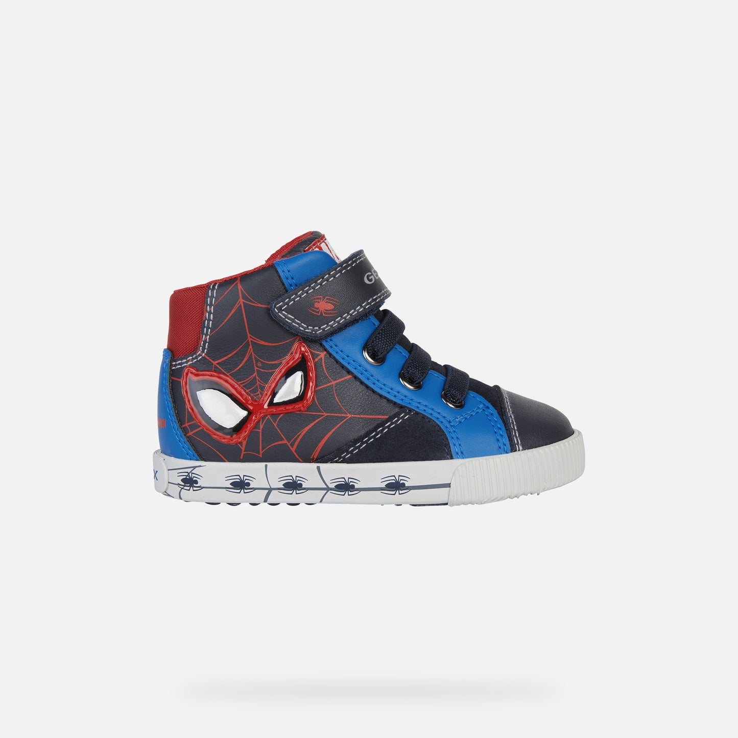 A boys Hi-Top Trainer by Geox, style B Kilwi Boy Spiderman, in navy and royal with red Spiderman detail, velcro and inside zip fastening. Right side view