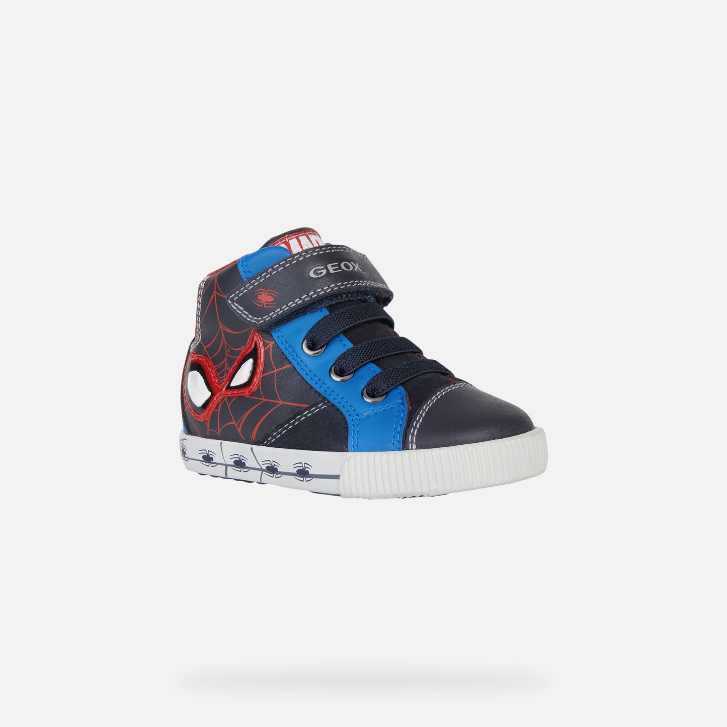 A boys Hi-Top trainer by Goex, style B Kilwi Boy Spiderman, in navy and royal with red Spiderman detail, velcro and inside zip fastening. Front angled view.