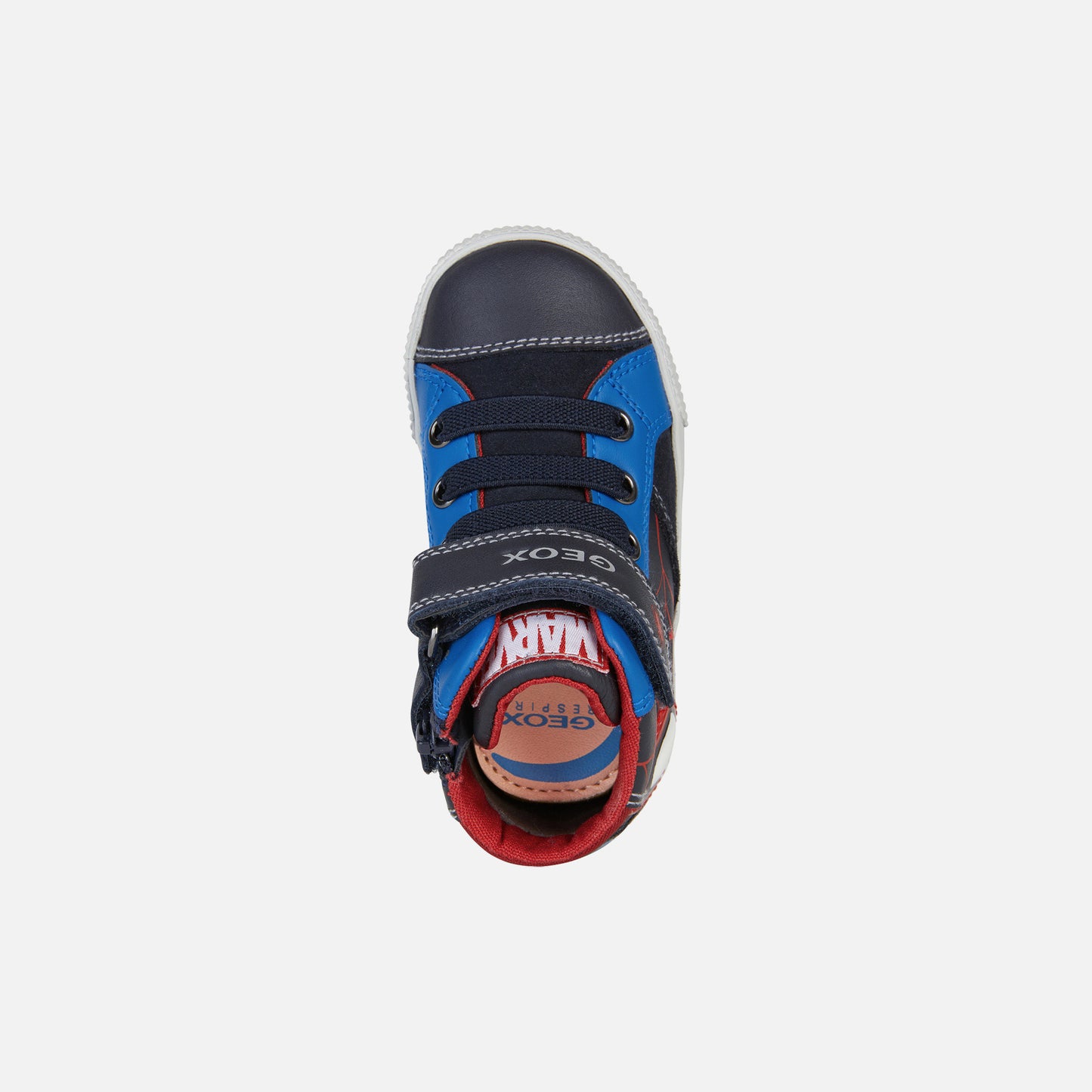 A boys Hi-Top trainer by Geox, style B Kilwi Boy Spiderman, in navy and royal, velcro and inside lace fastening. Top view.