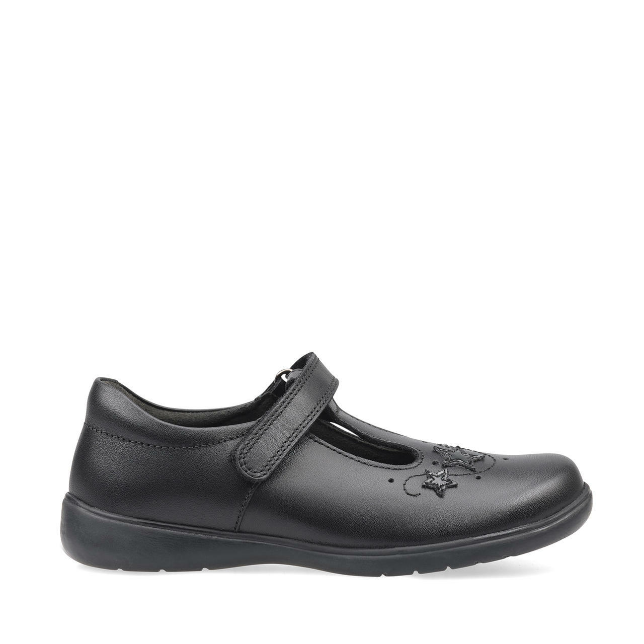 A girls school shoe by Start Rite, style Star Jump, in black leather with star motif and velcro fastening. Right side view.