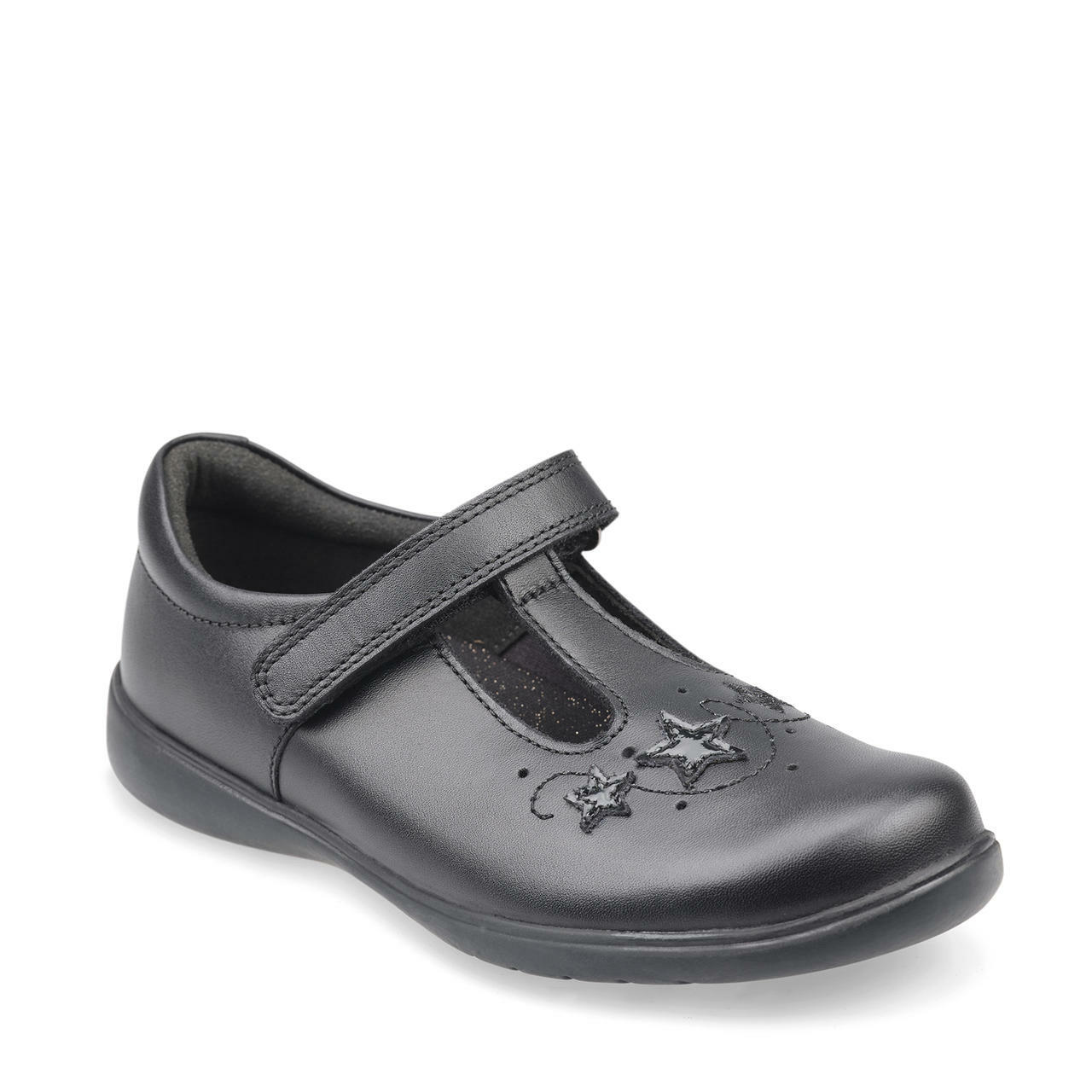 A girls school shoe by Start Rite, style Star Jump, in black leather with star motif and velcro fastening. Angled right side view.