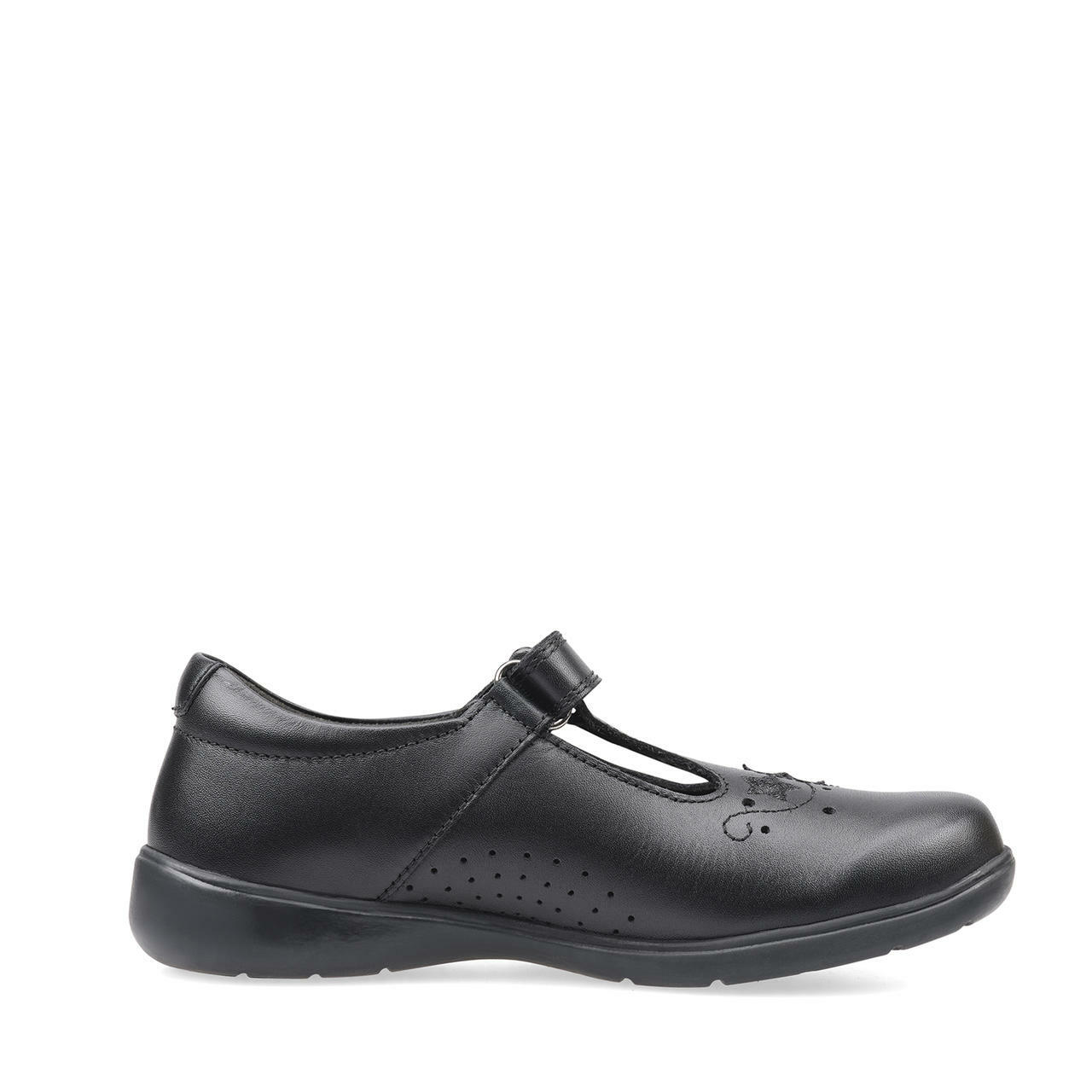 A girls school shoe by Start Rite, style Star Jump, in black leather with star motif and velcro fastening. Left side view.
