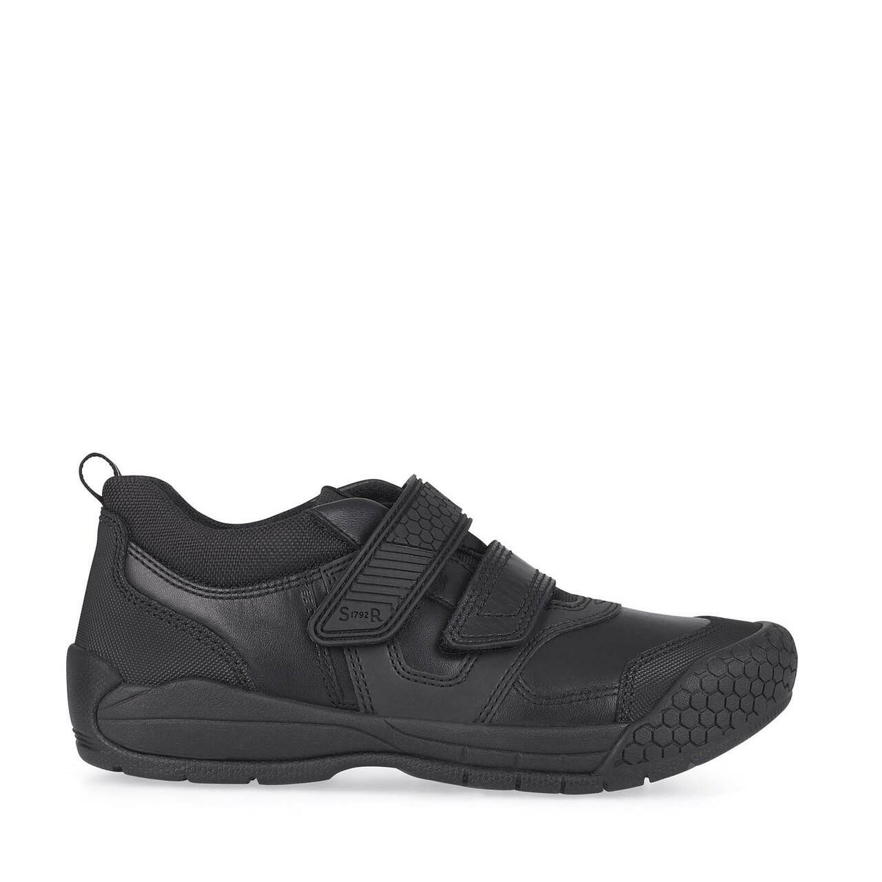 A boys school shoe by Start Rite, style Strike, in black leather with double velcro fastening. Right side view.