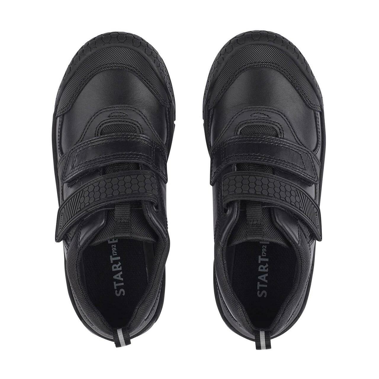 A pair of boys school shoes by Start Rite, style Strike, in black leather with double velcro fastening. Top view.