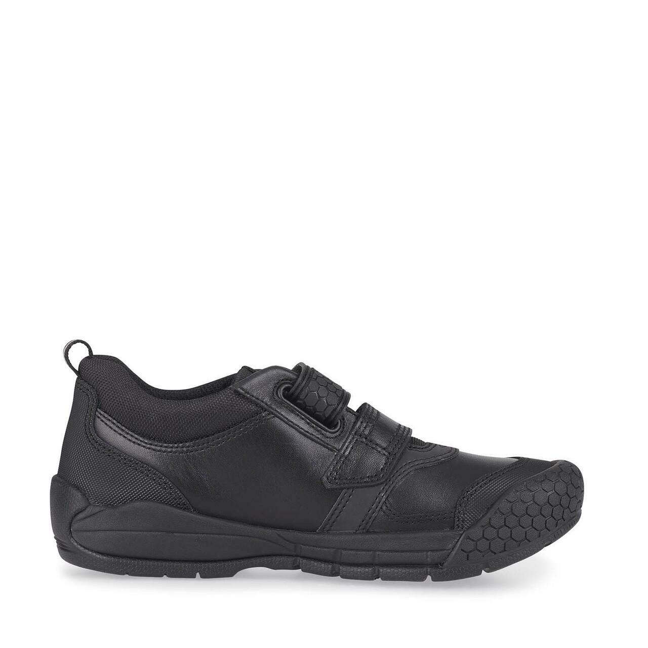 A boys school shoe by Start Rite, style Strike, in black leather with double velcro fastening. Inner side view.