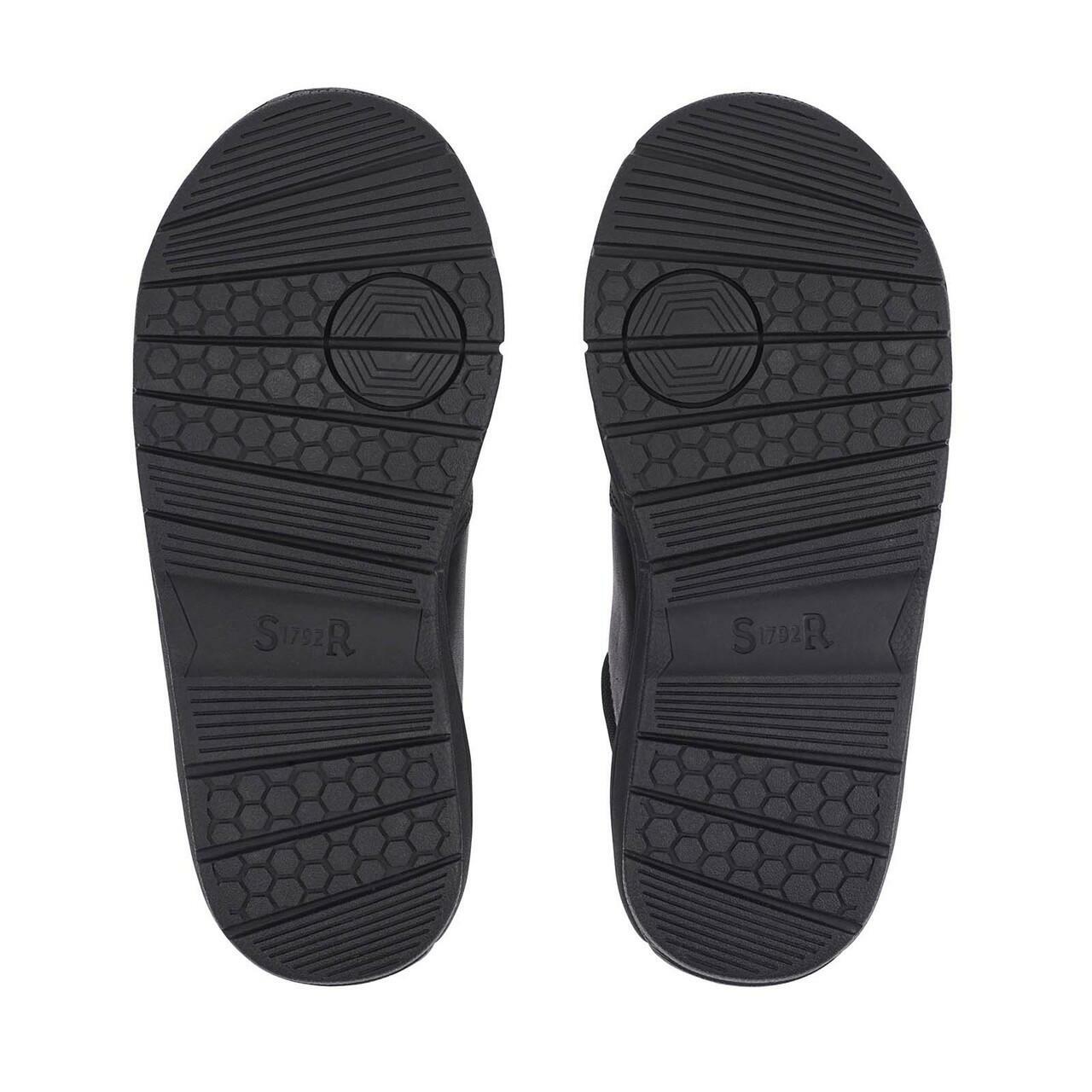 A pair of boys school shoes by Start Rite, style Strike, in black leather with double velcro fastening. Sole view.