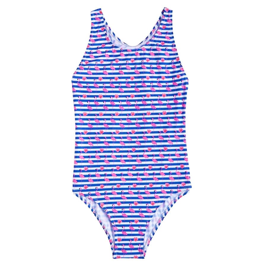 A girls swimsuit by Slipfree, style Stripe, in multi Flamingo print. Front view.