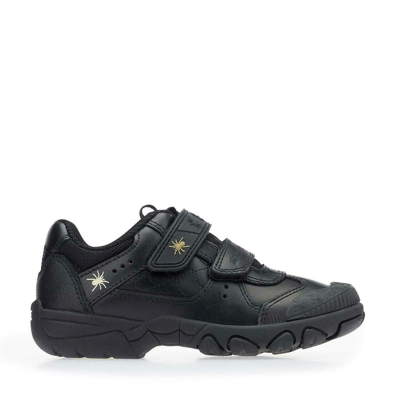 A boys school shoe by Start Rite,style Tarantula, in black leather with double velcro fastening. Right side  view.