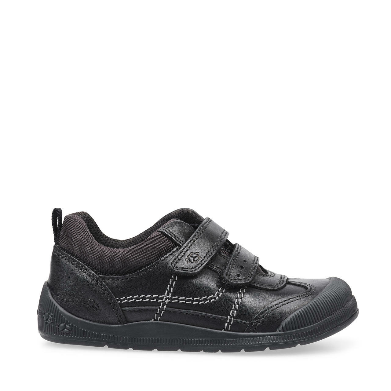 Boys pre school shoe by Start Rite, style Tickle, in black leather with double velcro fastening. Right side view.
