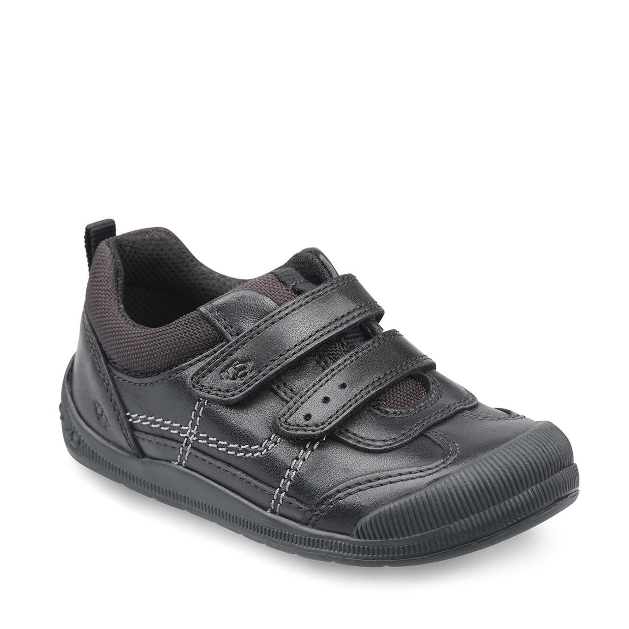 A boys pre school shoe by Start Rite,style Tickle, in black leather with double velcro fastening. Angled view.
